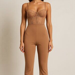 NWT Revamped | Nude Lace Bustier Jumpsuit | Size XS | Mocha Tan One-Piece